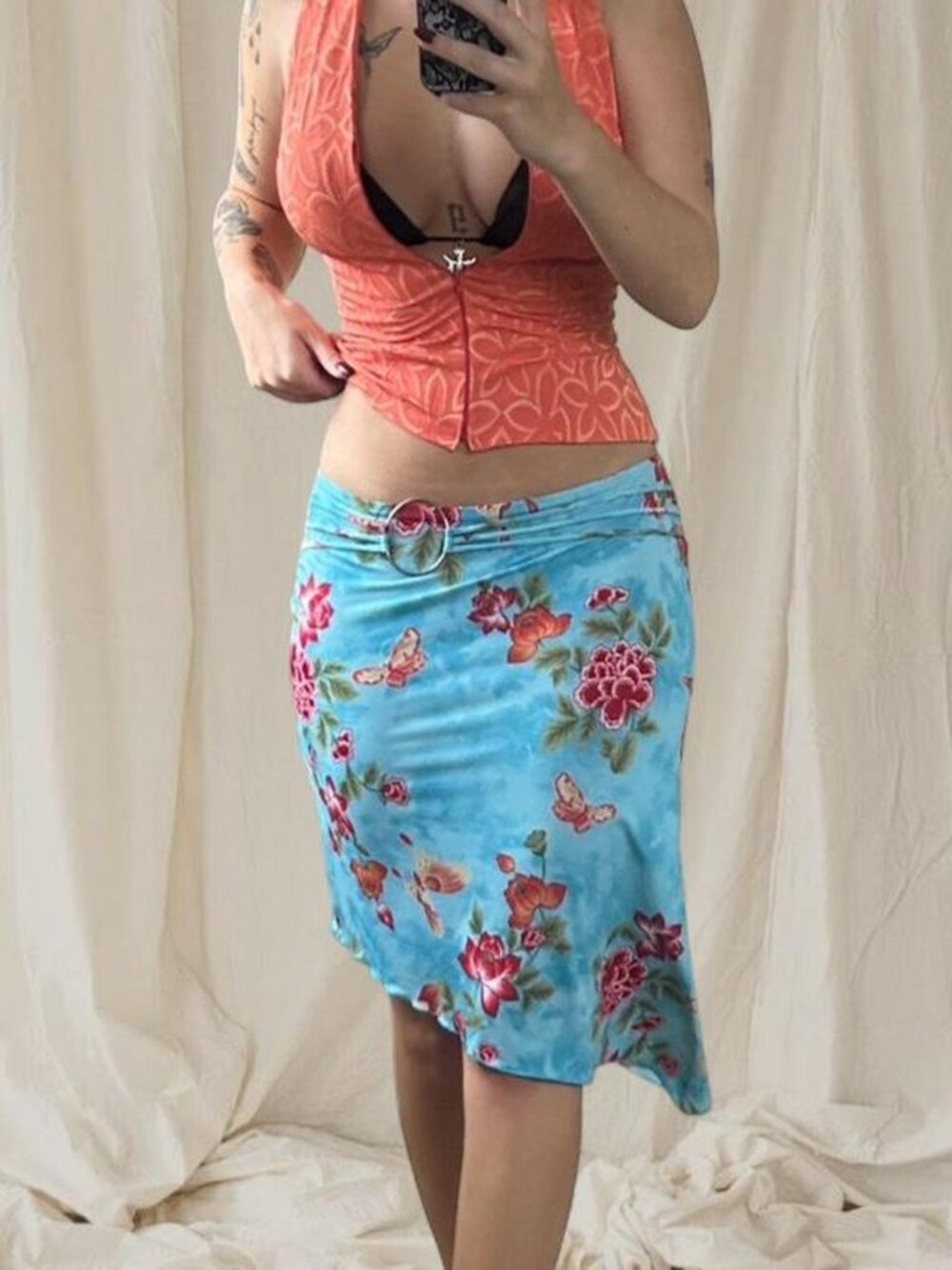 Vintage Y2K blue butterfly floral asymmetrical 90s summer midi skirt ⭐️ rare